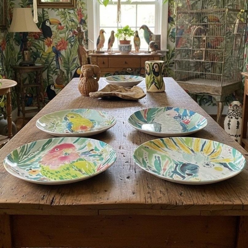 Pier 1 Imports Parrot Salad Plates, Set of 4, Tropical Melamine Dinnerware